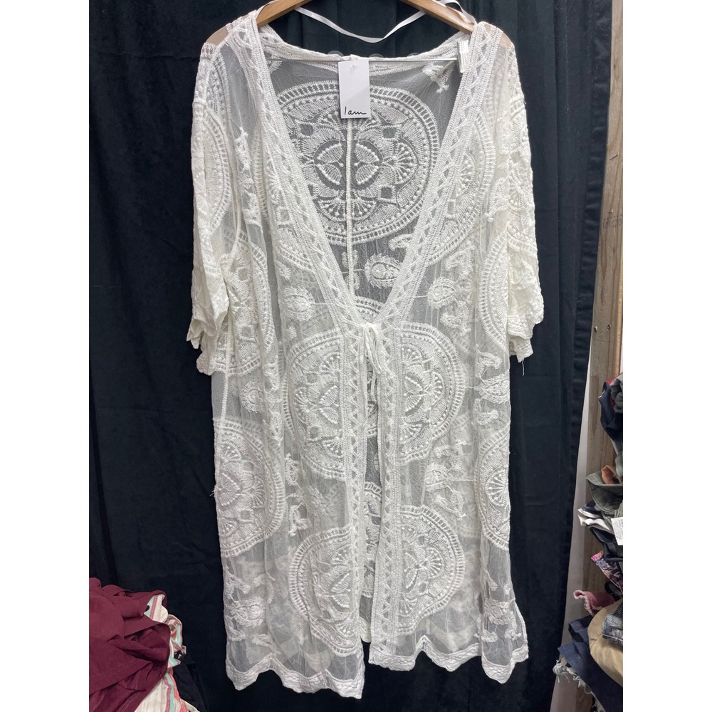 L Amour White Lace Kimono Sheer Mesh Embroidered Tie Front‎ Cover Up Boho